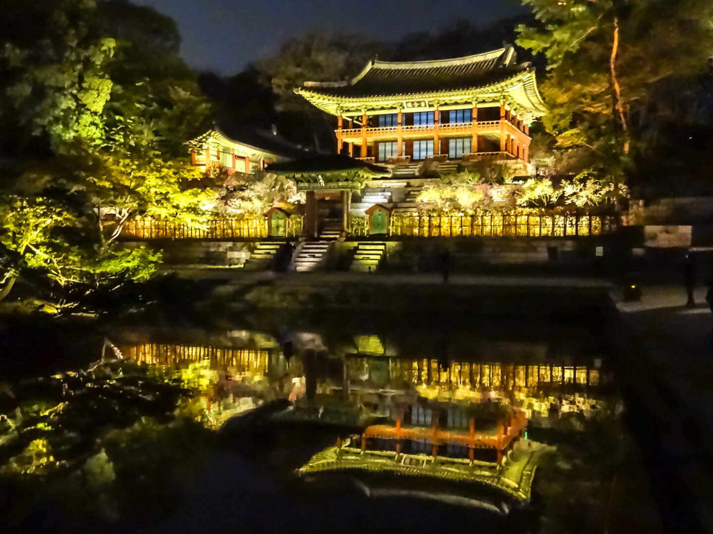 A photograph of the secret garden at night in Changdeokgung palace, South Korea