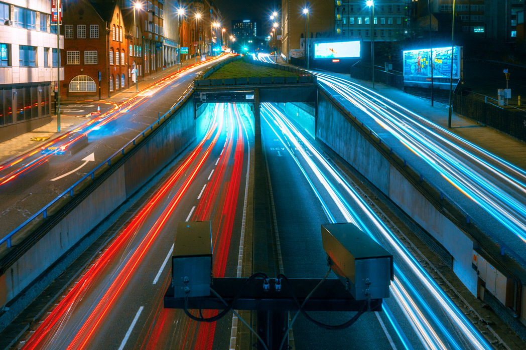 Light trails into the A38 Queensway tunnel in Birmingham